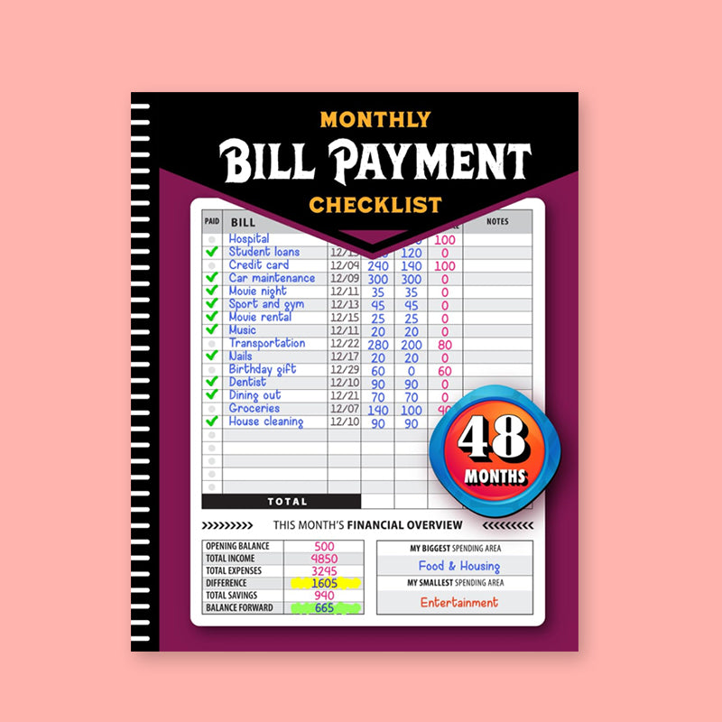 Budget planner showing a bill payment tracker page with checkboxes and due dates.