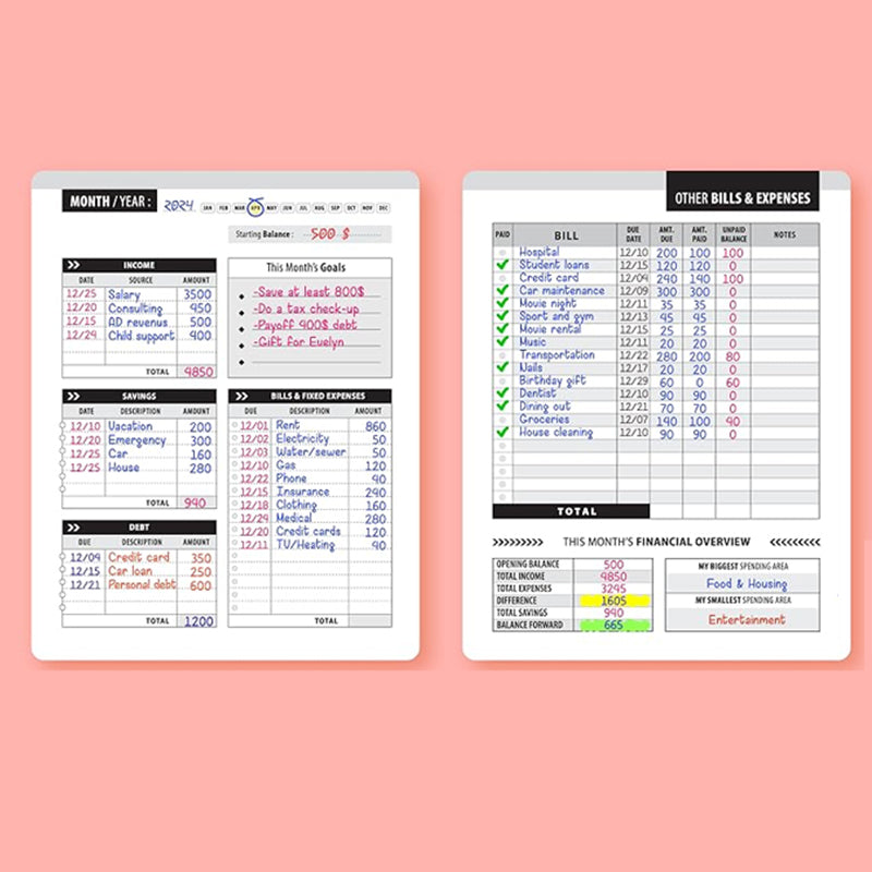 Open budget organizer displaying a 'Savings Tracker' and 'Debt Tracker' in detail.