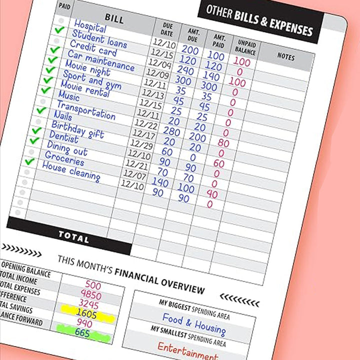 Spiral-bound budget planner book, perfect for managing personal finances and bills.