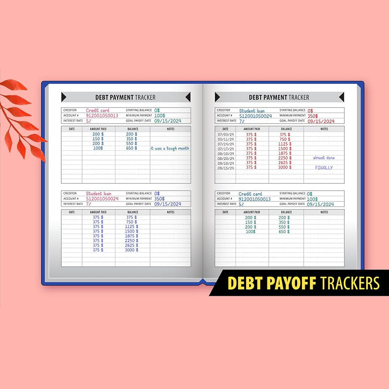 Expense organizer notebook featuring a detailed breakdown for different spending categories.