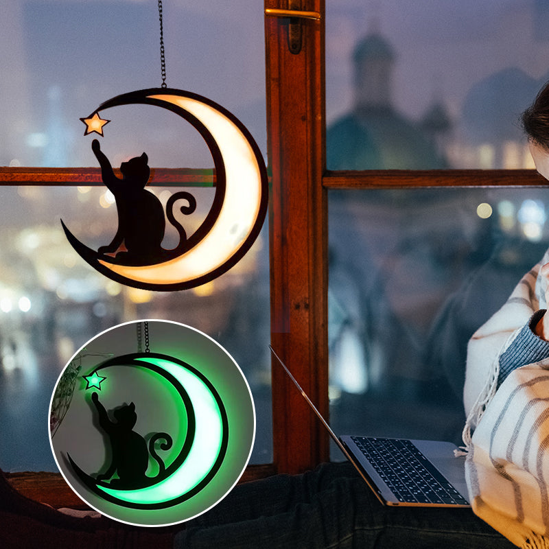 Moon Cat Stained Glass Suncatcher Pendant, acrylic cat decor with moon ornament for window hanging
