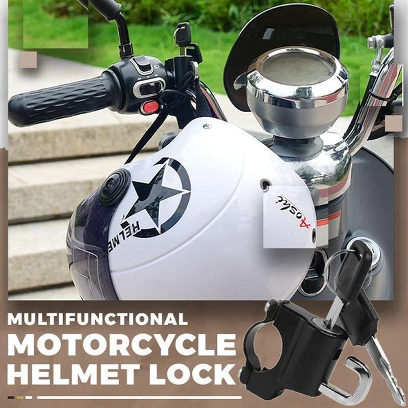 Motorcycle helmet & bag lock, black aluminum alloy, securing helmet to bike, anti-theft gear security