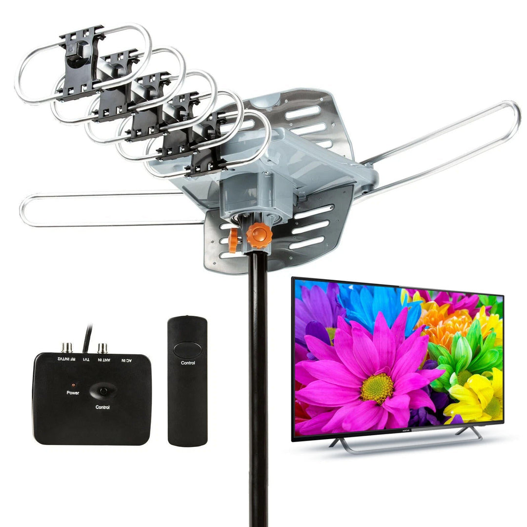 Motorized HD TV antenna for 360° long-range digital reception, weatherproof outdoor design.