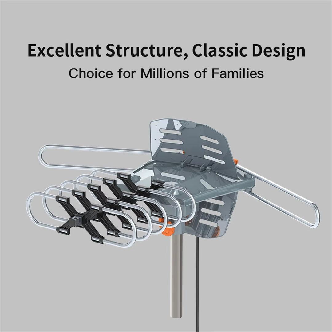 Motorized outdoor HD TV antenna with remote control for 360° long-range digital reception.