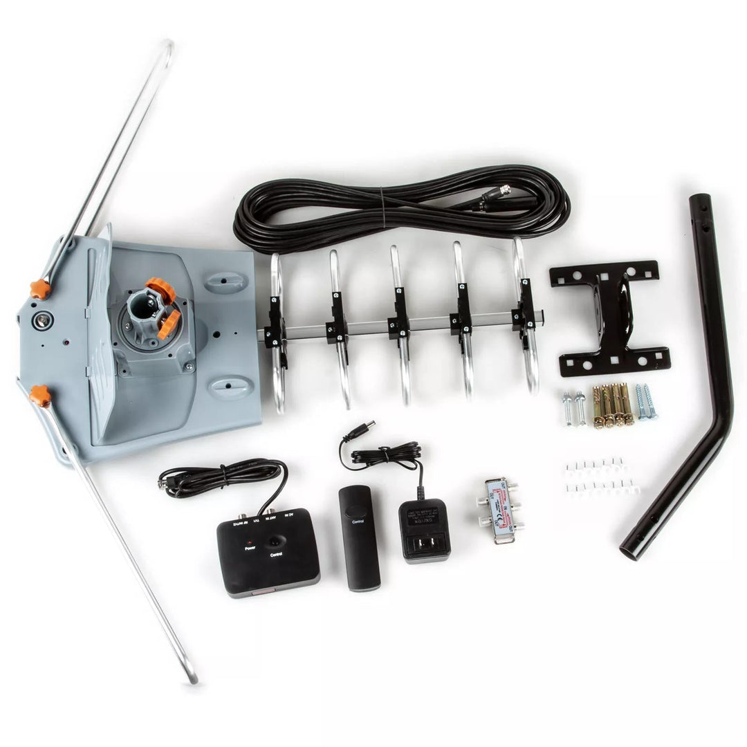 Long-range motorized HD TV antenna with powerful signal booster for clear digital reception.