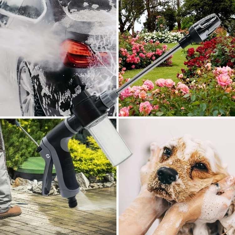 Close-up of the adjustable pressure nozzle and hose attachment of a multi-function car power washer.