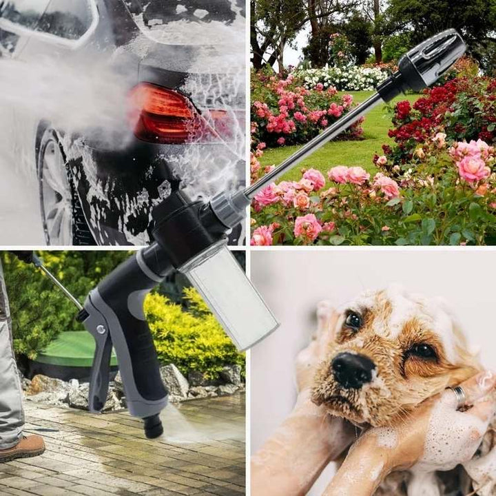 Close-up of the adjustable pressure nozzle and hose attachment of a multi-function car power washer.
