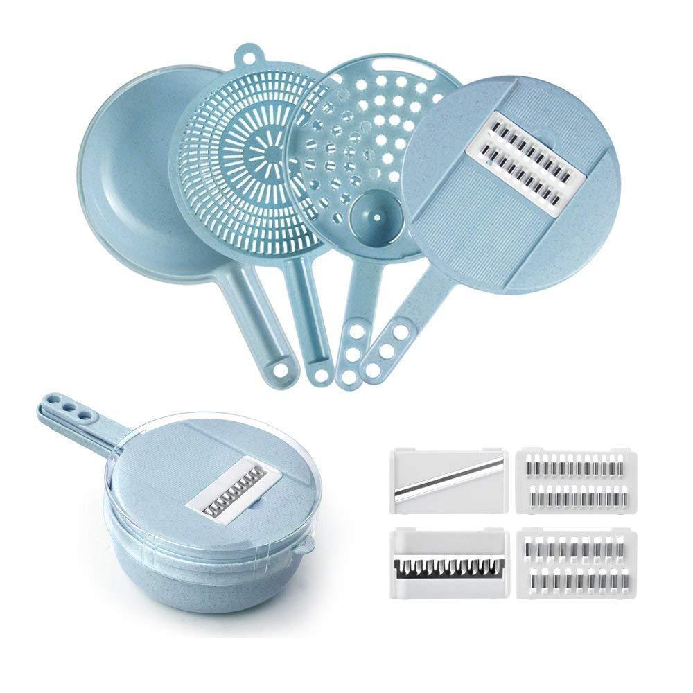 Close-up of a vegetable slicer, showcasing interchangeable stainless steel blades for different cuts.