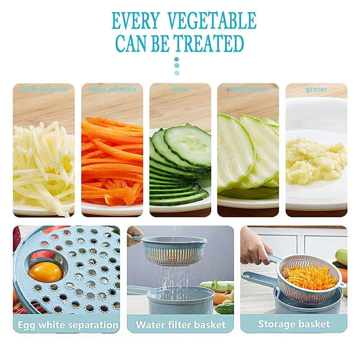 Tabletop view of the vegetable slicer with various chopped vegetables, emphasizing ease of use.