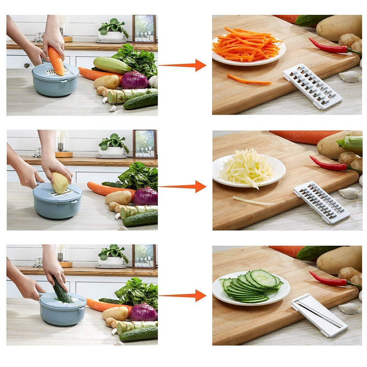 Lifestyle image of the vegetable slicer being used to prepare a fresh salad, promoting healthy eating.