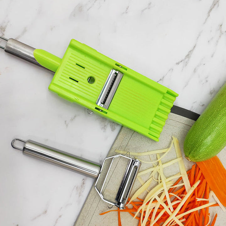 Multi-functional kitchen vegetable peeler, shredder, and slicer for efficient food prep