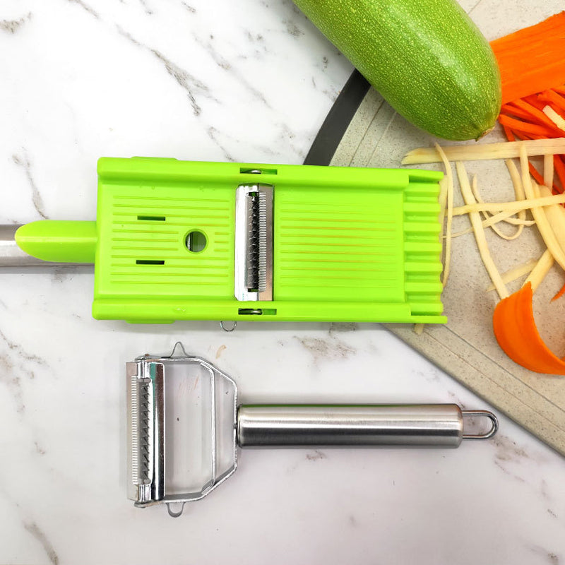 Close-up of the multi-functional vegetable peeler, showing sharp shredder blades