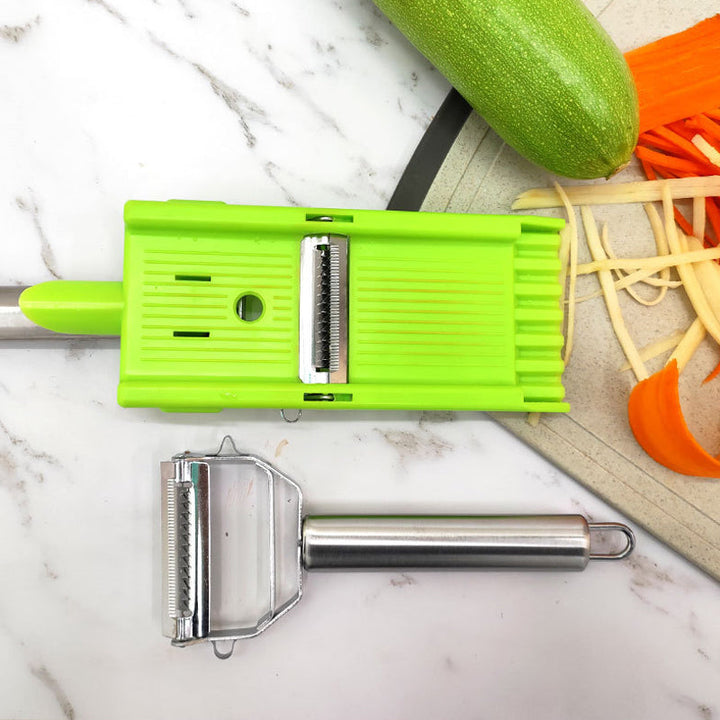 Close-up of the multi-functional vegetable peeler, showing sharp shredder blades