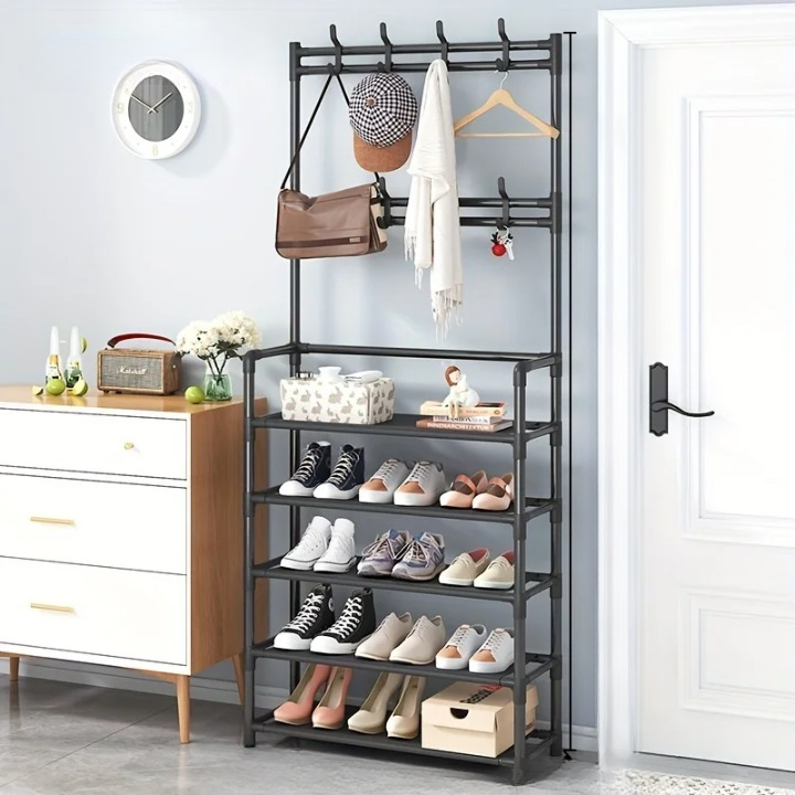 Hall tree & entryway organizer: multi-layer coat rack with shoe storage. Steel frame for efficient home organization.