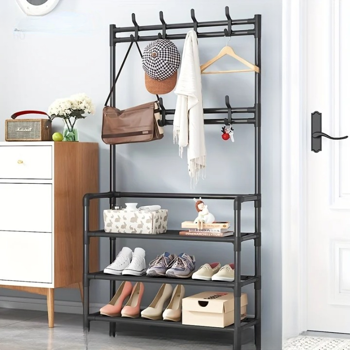 Versatile multi-layer coat rack and shoe storage shelf. Compact entryway organizer & essential home storage.