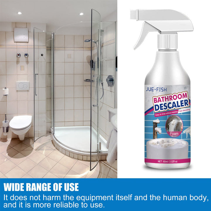 Bathroom cleaner foam dissolving limescale, making fixtures gleam like new