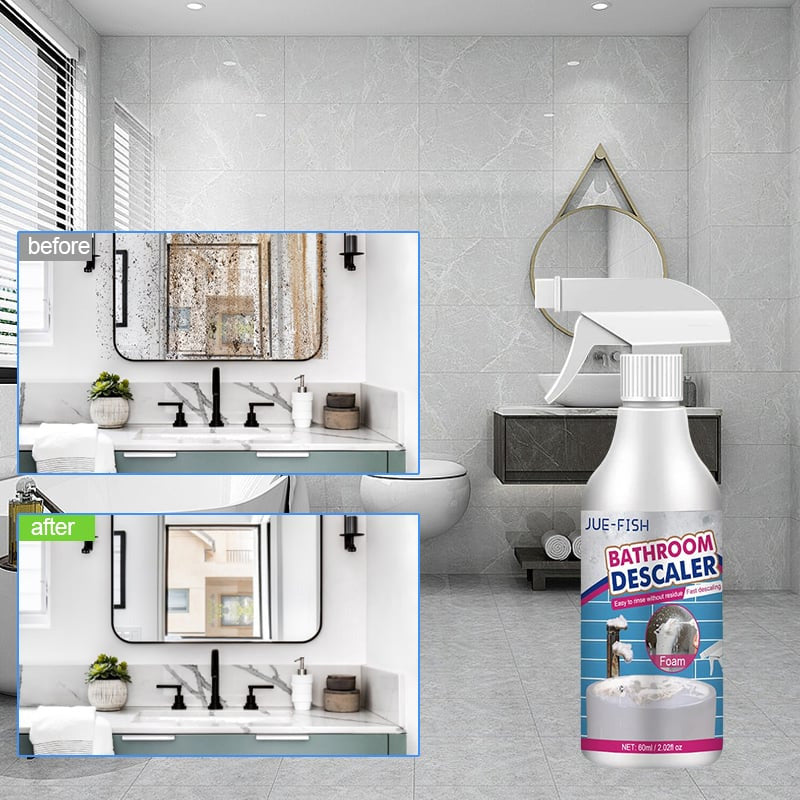 Versatile foam cleaner shown spraying on bathroom tiles, effectively removing soap scum