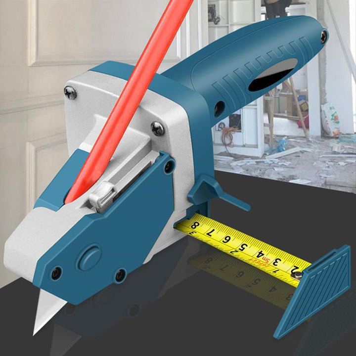 Multifunctional drywall cutting tool with integrated tape measure, ideal for precise gypsum board cuts.