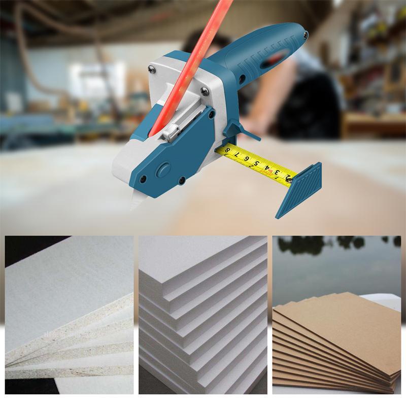 Tradesman's heavy-duty drywall cutting device with built-in measuring tape for accuracy.
