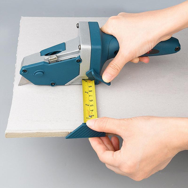 Integrated tape measure and cutting guide for drywall, enhancing efficiency in construction.