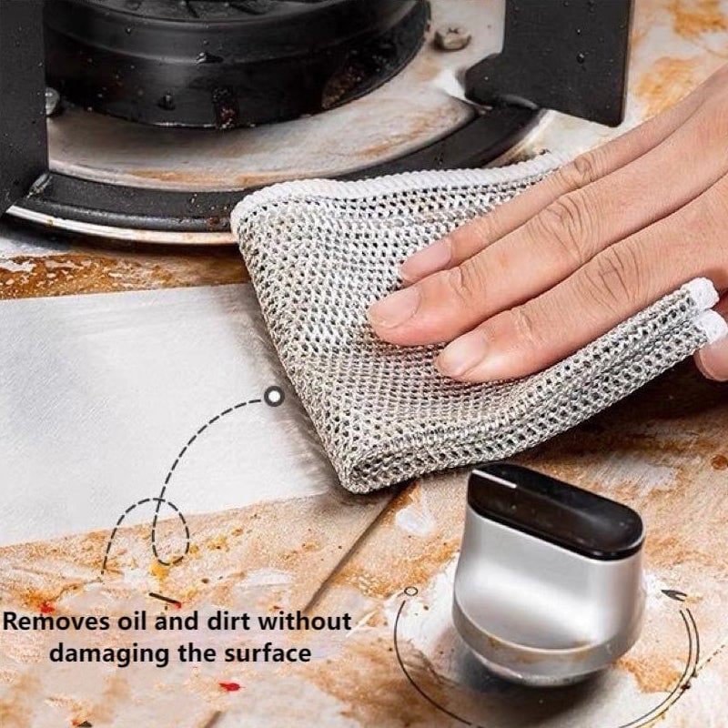 Wire cleaning cloth demonstrating its flexibility for various household cleaning needs