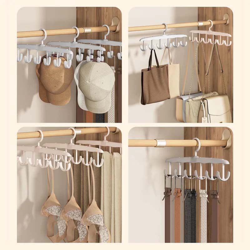Space-saving plastic hanger for wardrobe, ideal for laundry, with versatile rotating hook feature