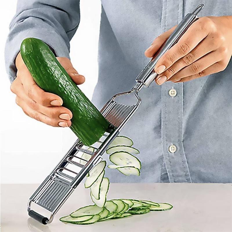 Multifunctional vegetable slicer for quick food prep, with various blades and safety features