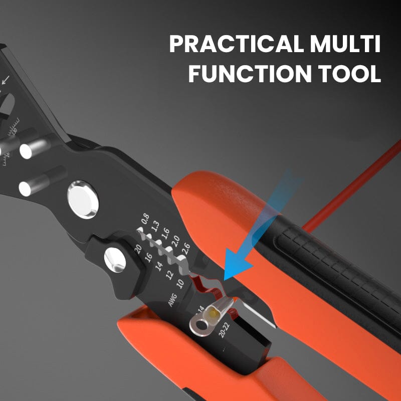 Multifunctional wire stripping pliers with red and black handles, ideal for electrical work and DIY projects.