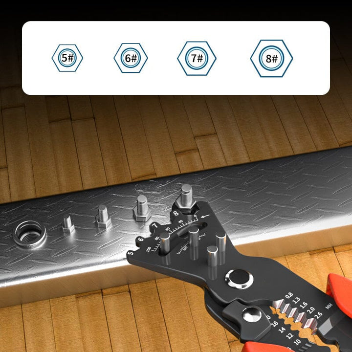 Professional-grade wire stripping and crimping multitool, angled view highlighting features.