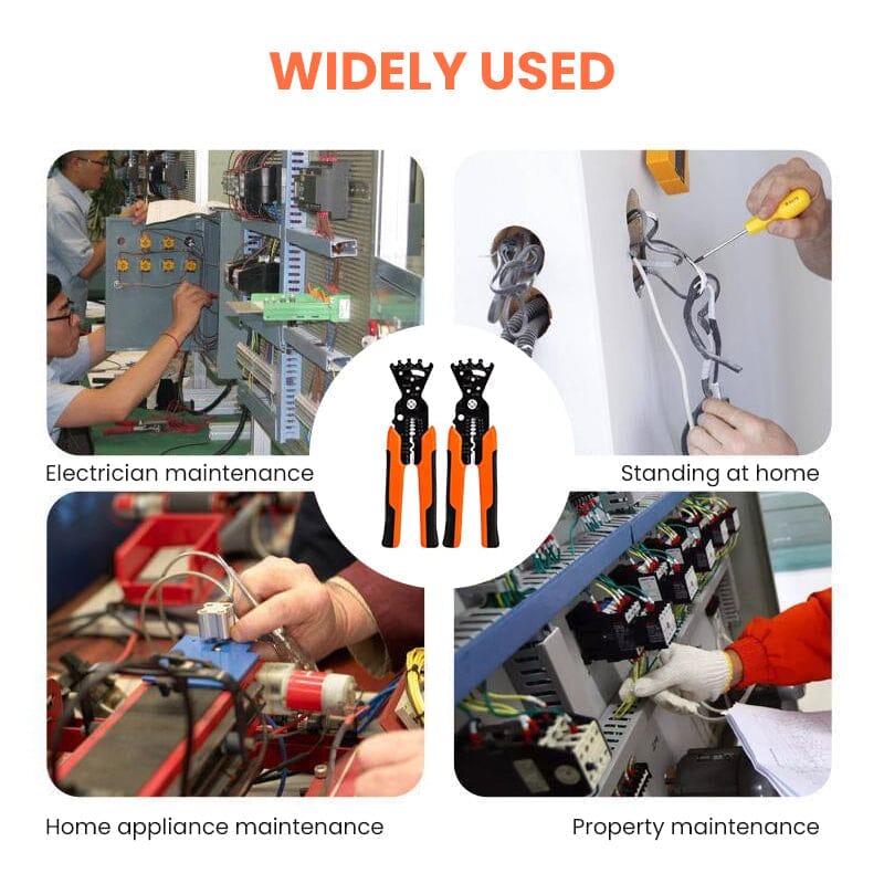 Versatile handtool: wire stripper, cutter, and crimper in a single plier design.