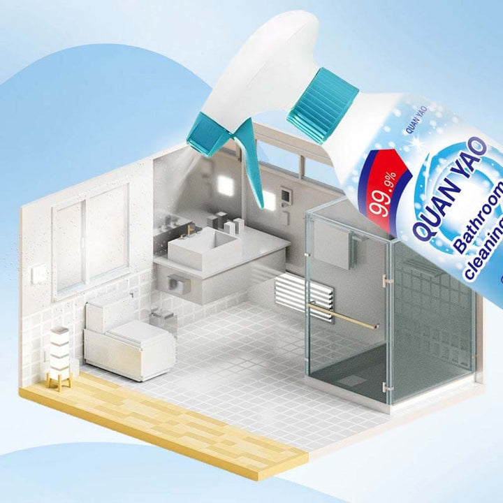 Bathroom cleaning kit showcasing various spray bottles, scrubber, and microfiber cloth.