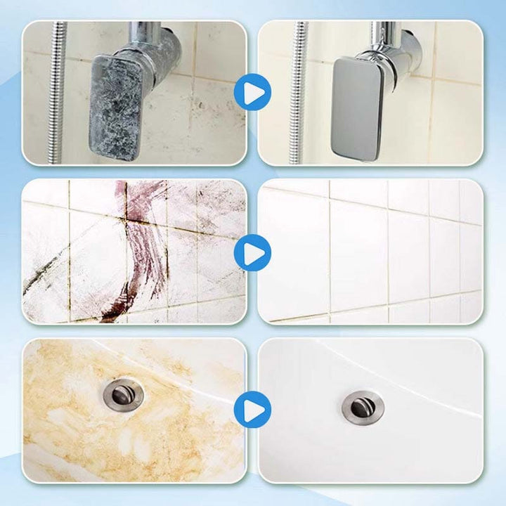 Detail shot of the powerful limescale remover spray, part of the bathroom cleaning kit.