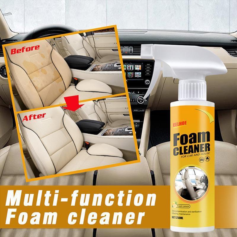 Multipurpose foam cleaner spray for car interior with brush, removing dirt from upholstery