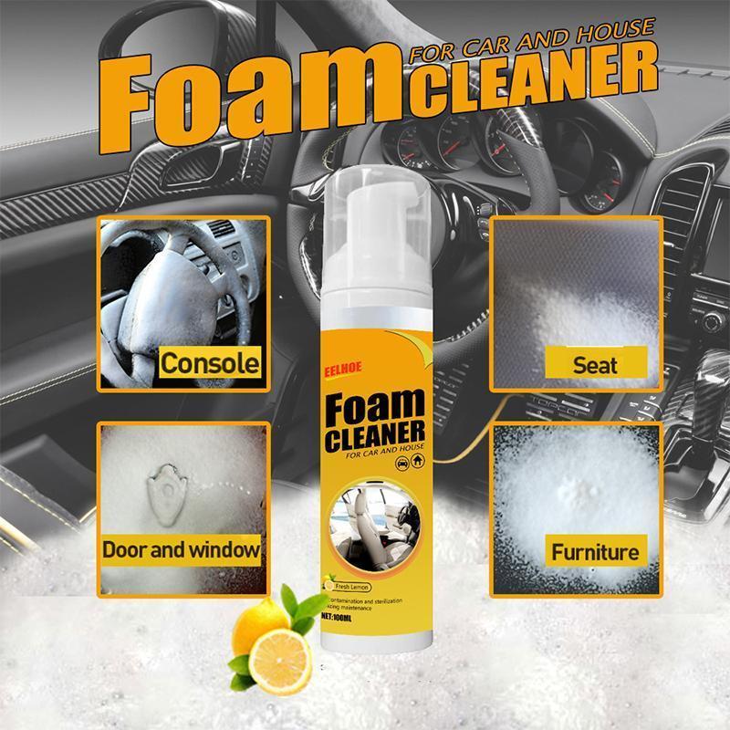 Automotive detailing foam spray, shown on car seat fabric, lifting stains for a fresh look