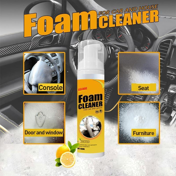 Automotive detailing foam spray, shown on car seat fabric, lifting stains for a fresh look