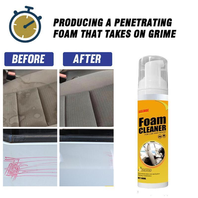 Versatile foam cleaning spray for automobiles & home, highlighting its powerful cleaning action