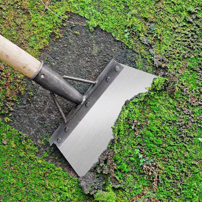 Multipurpose cleaning scraper next to a garden bed, ready for weeding