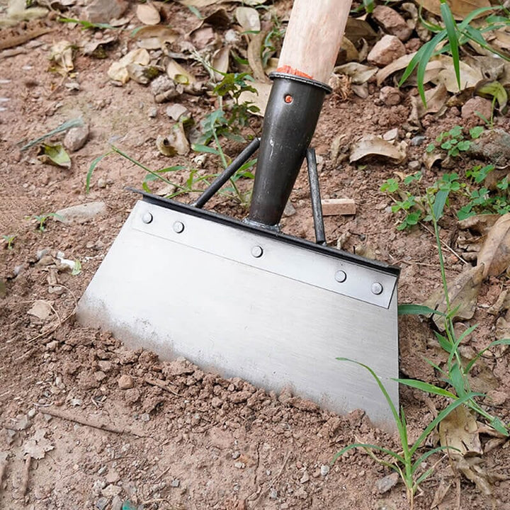 Angled view of the weeding scraper, showcasing its sturdy construction and design