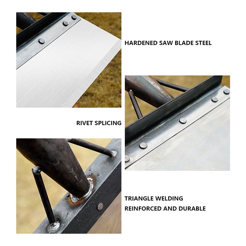 Close-up of the stainless steel blade, highlighting its robustness for outdoor cleaning