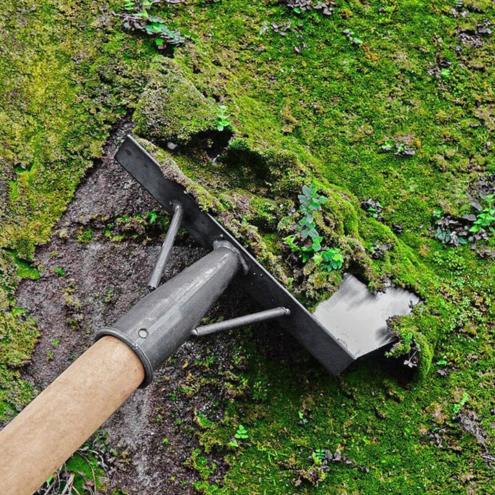 Garden shovel and scraper combo, demonstrating its dual functionality for various tasks