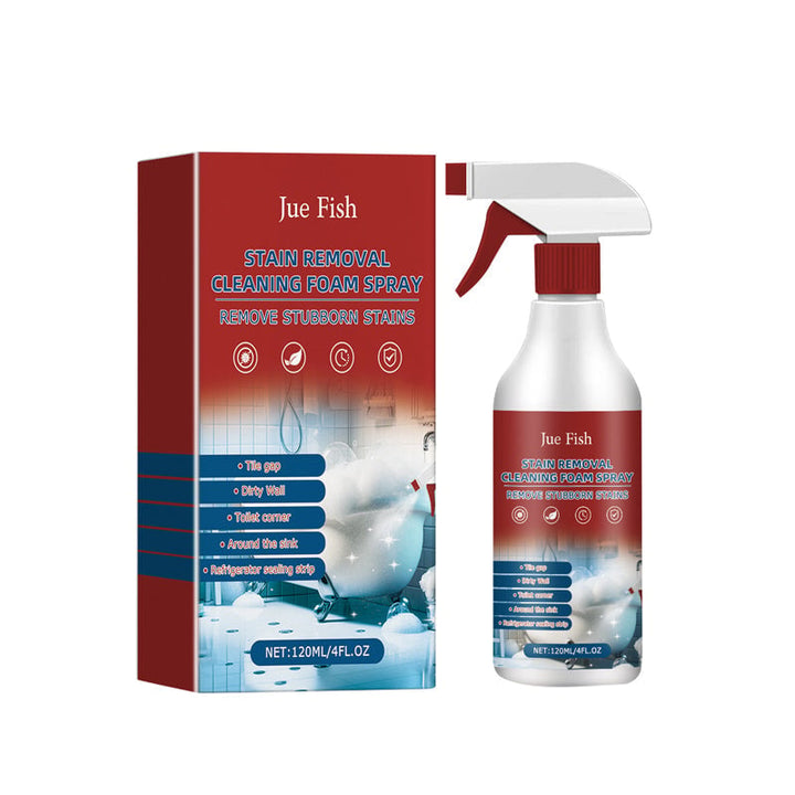 Multisurface Stain Removal Cleaning Foam Spray shown on a shelf with other cleaning products, highlighting its versatility.