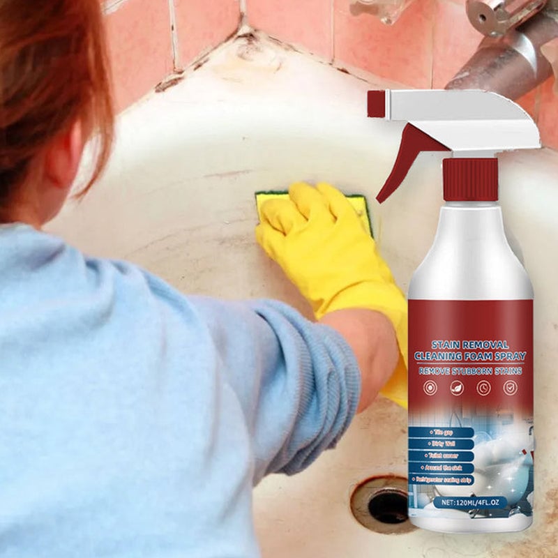Close-up of Multisurface Stain Removal Cleaning Foam Spray nozzle, showing the foam dispensing action.