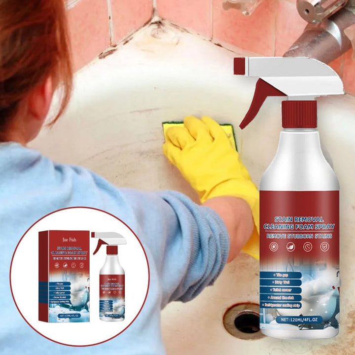Multisurface Stain Removal Cleaning Foam Spray being used to clean grout lines in a shower, effectively removing mold.