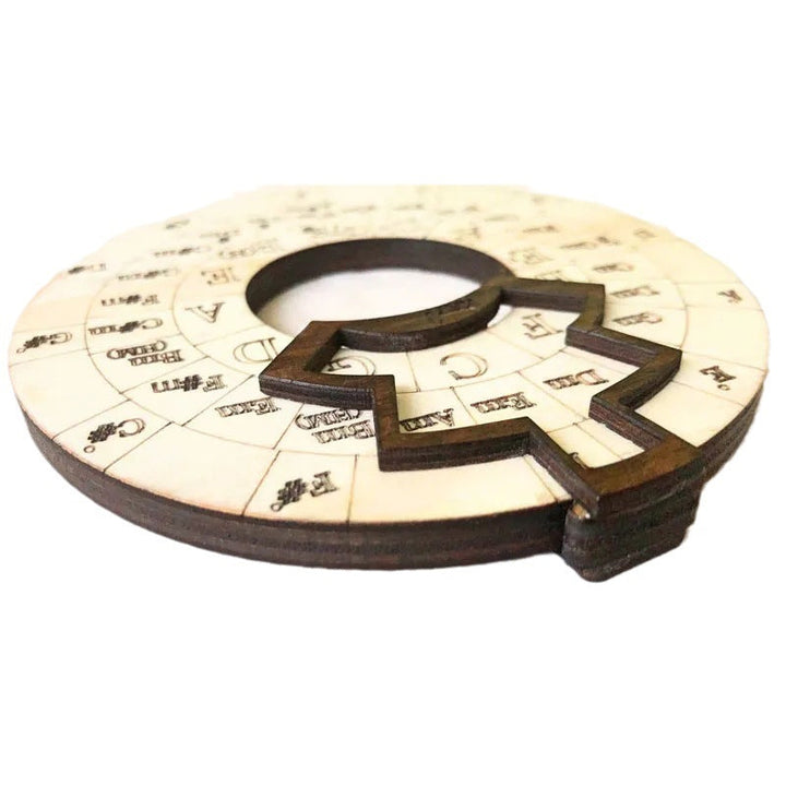 Conceptual shot of the Wooden Melody & Chord Tool aiding in the composition of a new song.