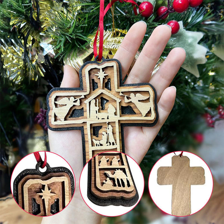 Nativity Cross Christmas tree ornament, religious wooden holiday decor with Jesus, Mary, Joseph figures