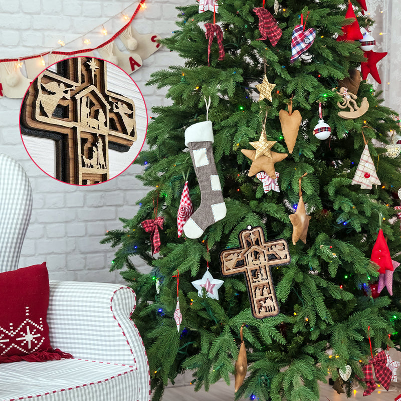 Wooden Nativity scene cross ornament, detailed Christmas religious decor for festive holiday gifting