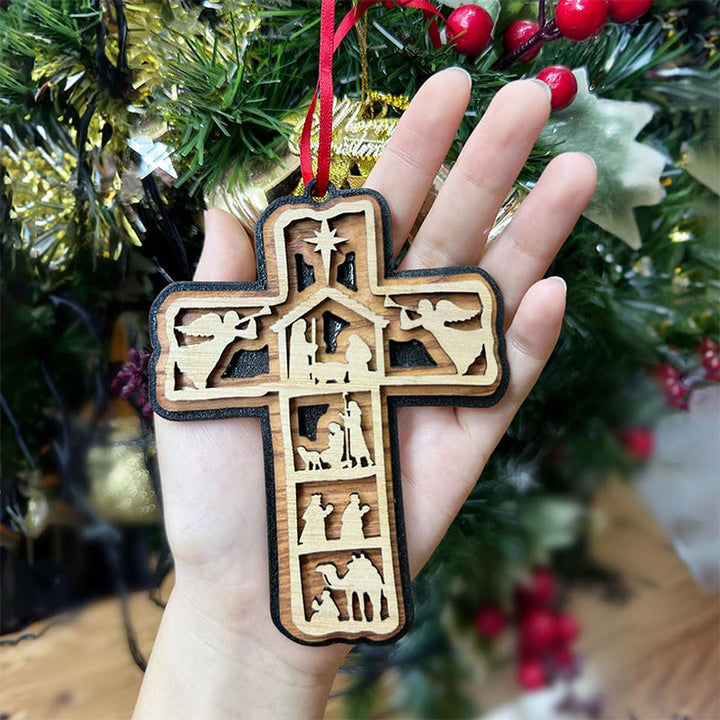 Religious Nativity Cross ornament, handcrafted wooden decor, perfect Christmas tree decoration