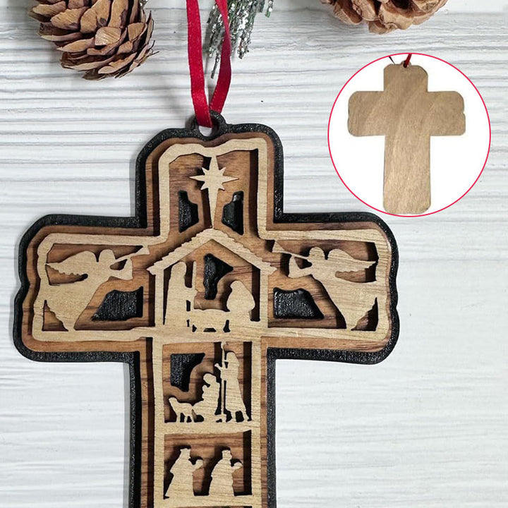 Holiday decor: religious Nativity Cross ornament, featuring the holy family, ideal for Christmas