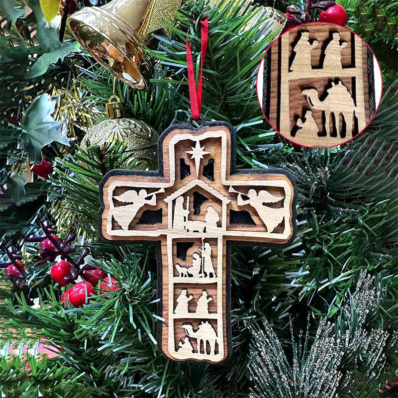 Wood-carved Nativity Cross ornament, spiritual Christmas tree decoration and meaningful holiday gift
