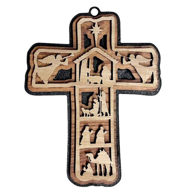 Religious Christmas ornament, wooden Nativity Cross design, symbolizing the holiday season